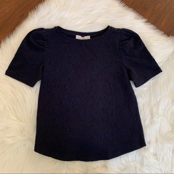 LOFT Lace Puff Sleeve Top Navy Blue - Picture 2 of 7